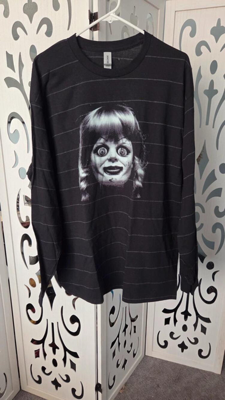 Annabelle Horror Long Sleeve Tee XL Black Striped Creepy Doll Shirt nwot